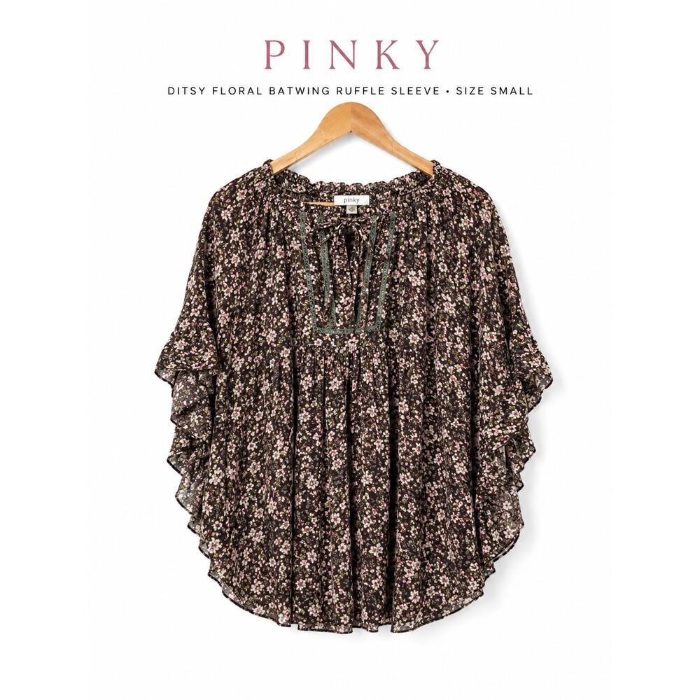 Pinky Ditsy Floral Peasant Blouse Batwing Ruffle Sleeve Small